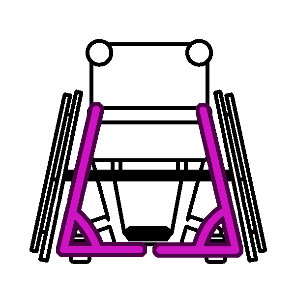 A black and white drawing of a rigid wheelchair from behind, with pink angle symbols indicating the tilt of the wheels.